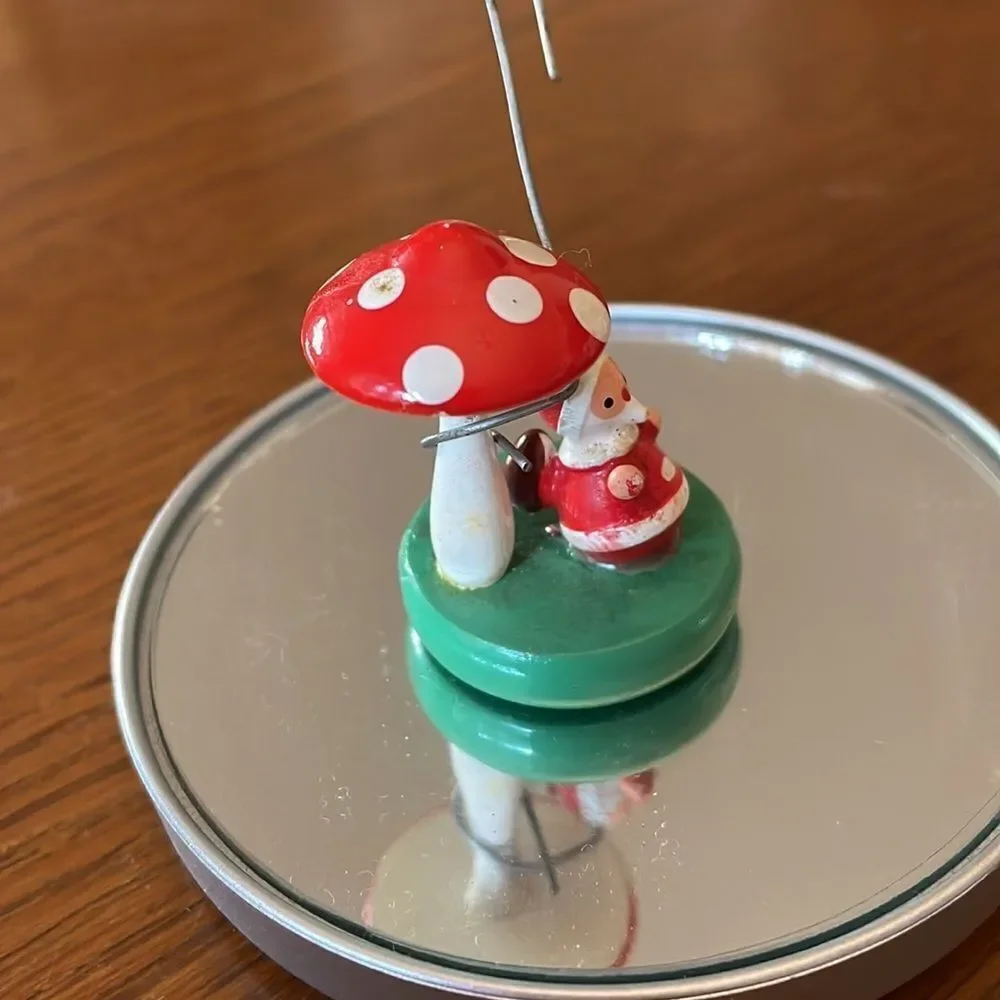 Tiny vintage Goula‎ Spain wooden Santa under a toadstool